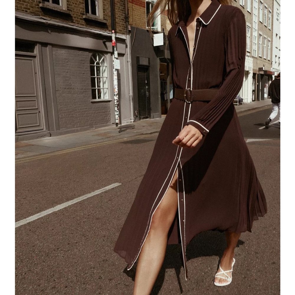 Brown Long Sleeve Dress with White Trim
